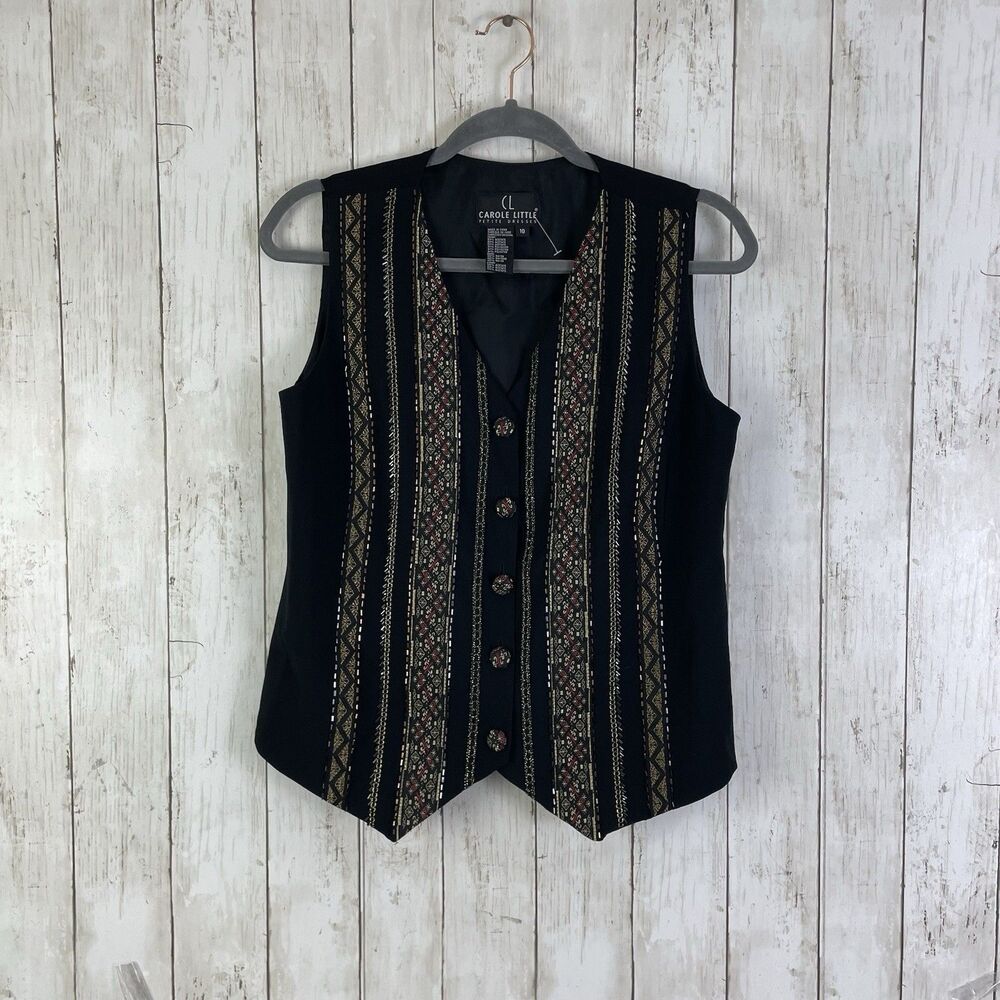 Vintage Carole Little Vest Sz 10P Black Embroidered Gold Beaded Art Boho